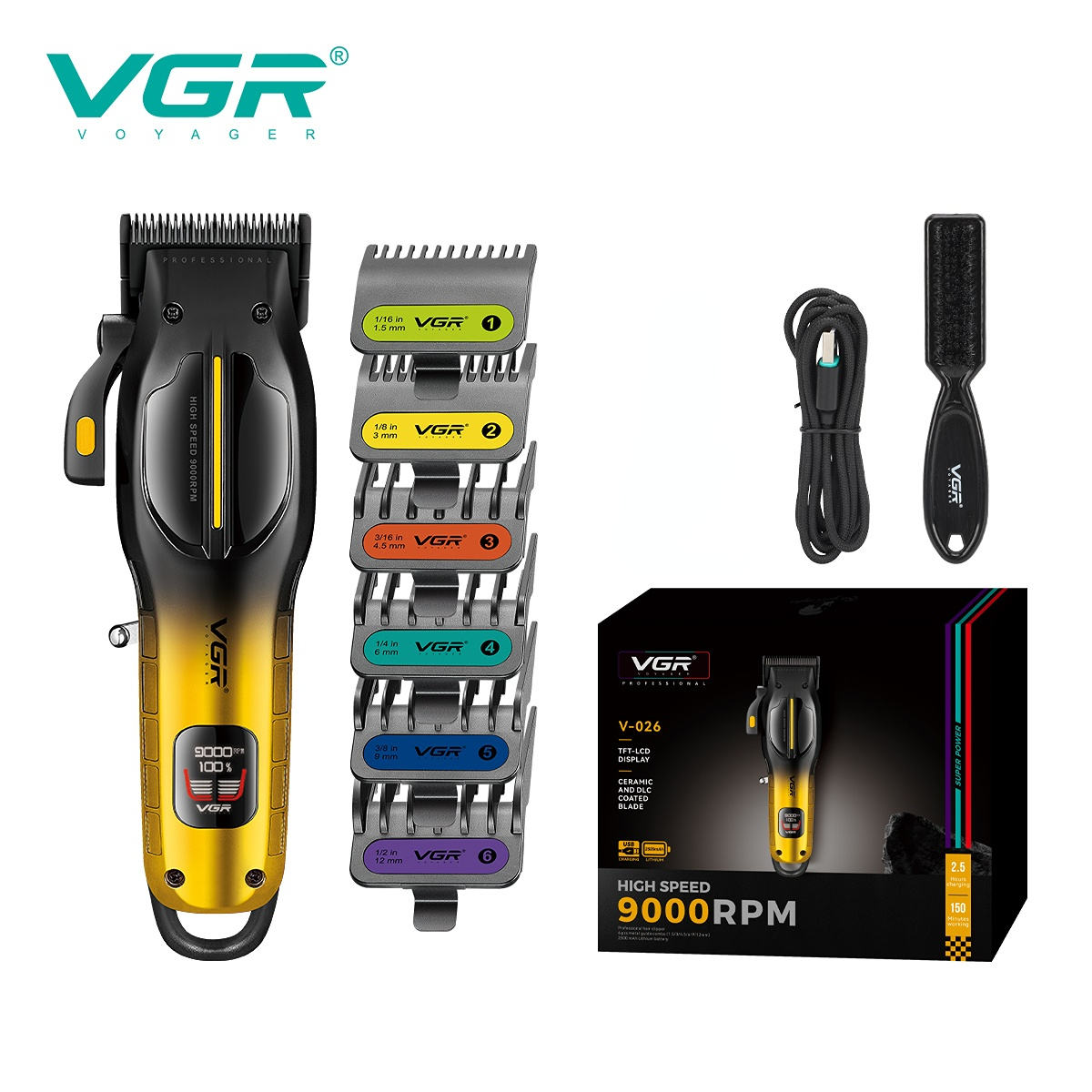 VGR Hair Trimmer Hair Cut Machine Electric Barber Adjustable Clippers 9000RPM TFT-LCD Display Trimmer for Men V-026: black