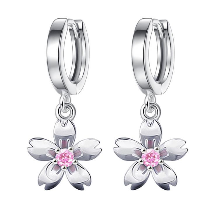 Pendientes de plata de primera ley con forma de flor de cerezo para mujer, aretes pequeños, plata esterlina 925, Circonia cúbica, zirconia, circonita, zirconita, color blanco, rosa