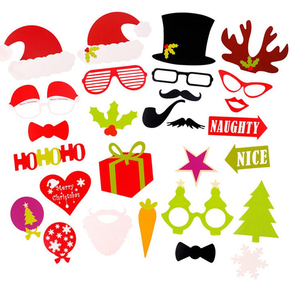 27pcs/set Christmas Photo Booth Props DIY Party Supplies Funny Party Lips Hat Antlers Glasses Beard HOHOHO Paper Photo Props