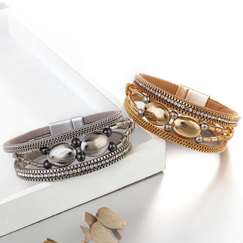 Allyes Leuke Kralen Metal Lederen Armbanden Voor Vrouwen Mode Goud Kleur Punk Wrap Armband Vrouwelijke Sieraden