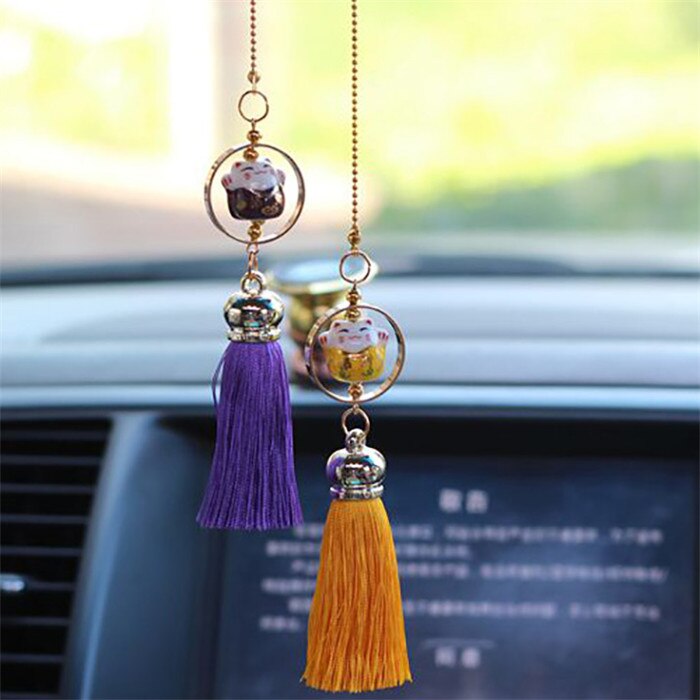 Colgante para coche, figura de gato de la suerte, borla de bendición, adorno automático, decoración de espejo retrovisor Interior automotriz, adorno colgante,: Yellow with Purple