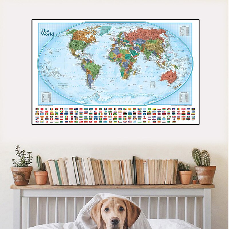 Världskartan med nationella flaggor 150 x 100cm non-woven canvas målning väggkonstaffisch för kultur och utbildning heminredning