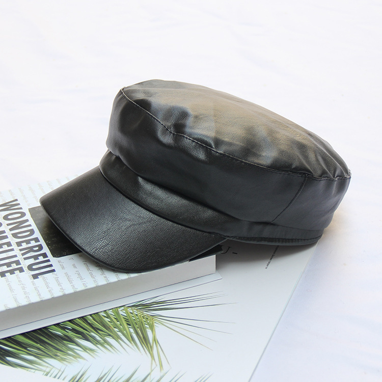Automne et hiver noir angleterre chapeau octogonal Pu Cortex Casquette femme loisirs gavroche béret Casquette: Black
