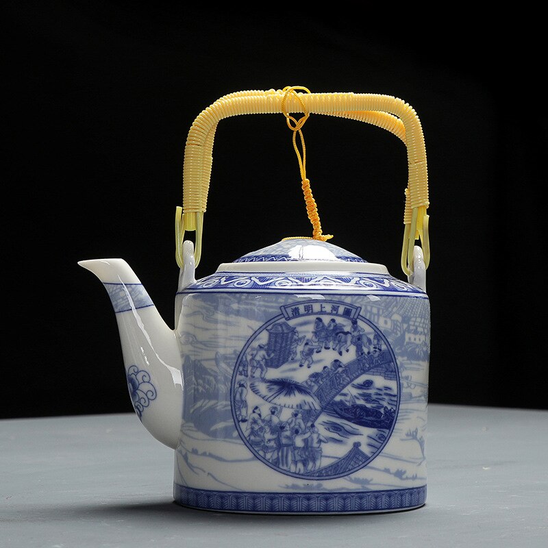 Théière en céramique 800ml style chinois théière en porcelaine bleue et blanche imprimée à la main poignée en bois de bambou fournitures de cuisine