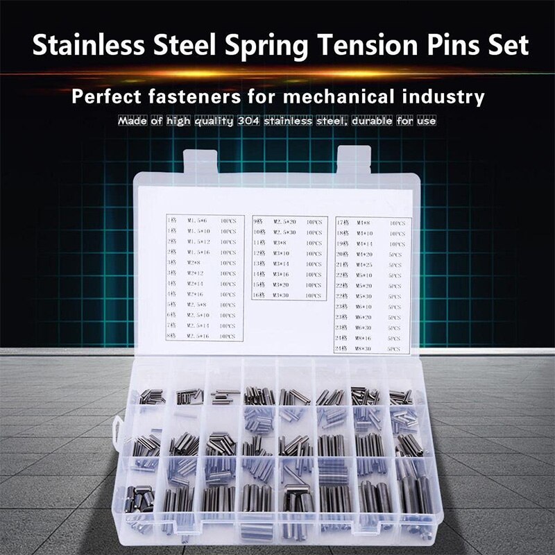 280Pcs Stainless Steel Slotted Spring Pin Assortment Kit, Split Spring Dowel Tension Roll Pins with Box