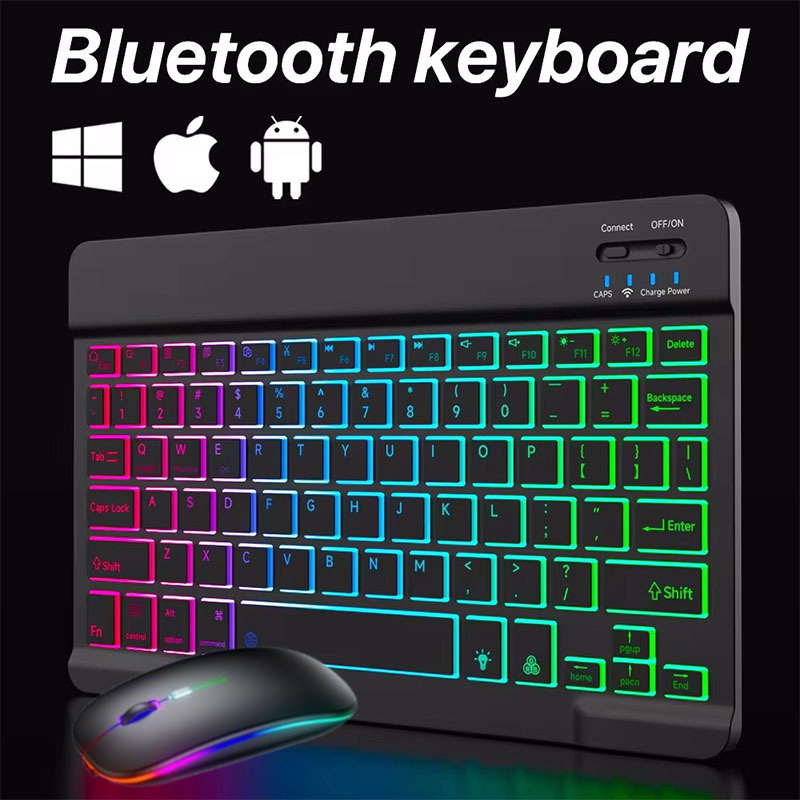 Rgb bluetooth keyboard and mouse set, wireless mini keyboard and mouse set, rechargeable russian keyboards , 25,4 cm,  for ipad tablet