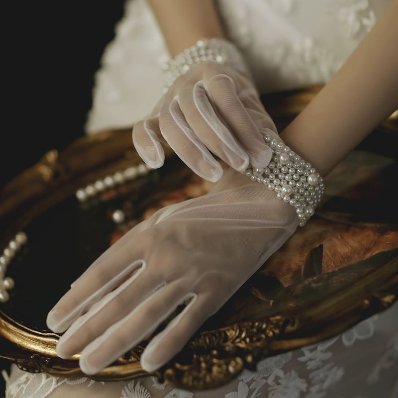 Korte See Through Handschoenen Met Parels Kralen Voor Bridal Bruiloft Accessoires