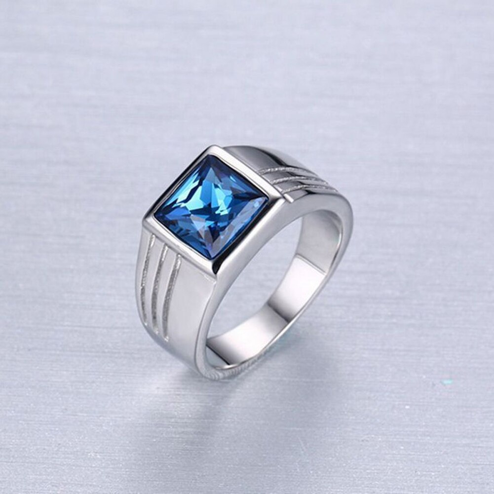 Men's Gorgeous Blue Square Rhinestone Wide Wedding Band Finger Ring Size