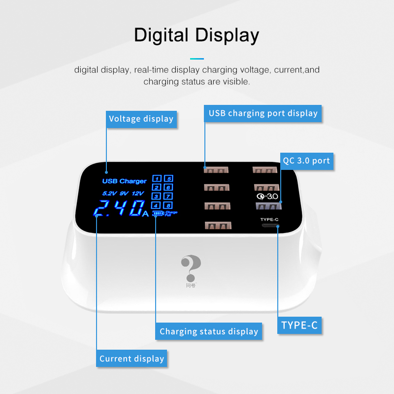 Goojodoq Quick Charge 3.0 40W 8-Port Usb Charger/Type C/Pd Charger Smart Led Display usb Snel Opladen Adapter Voor Telefoon Tablet