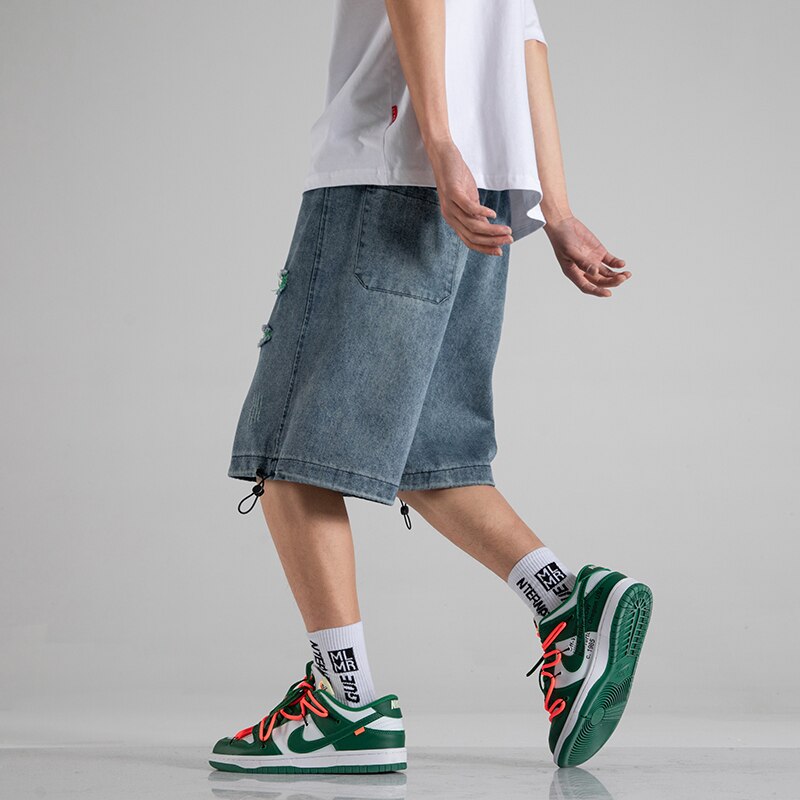Summer Men Ripped Denim Shorts Casual Loose Shorts