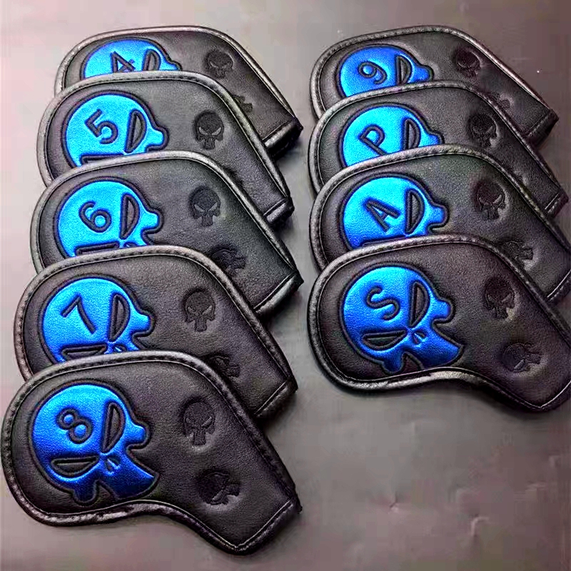 Waterdichte golfijzerhoezen, golfclubhoofdhoezen, ijzerbeschermers, geborduurd doodskopmotief van pu.: Blauw