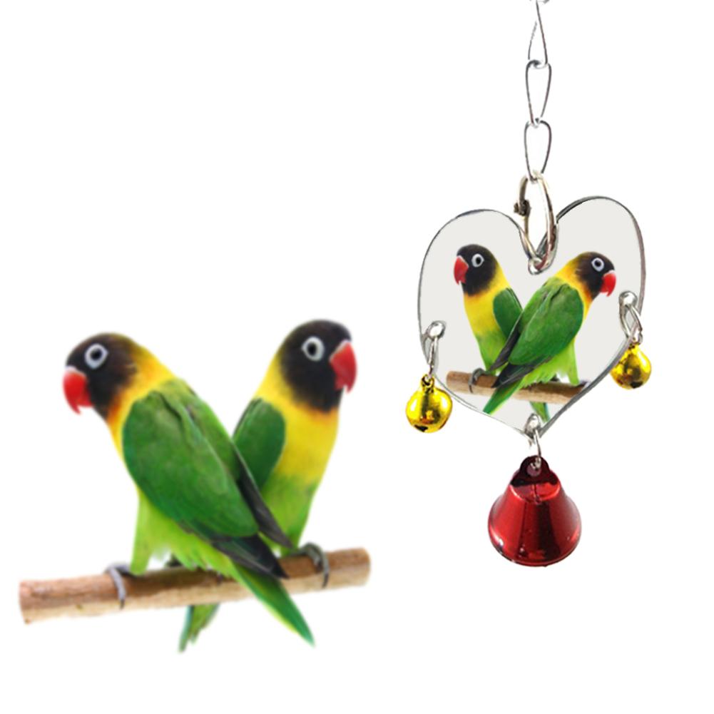 Campana para loro, juguete para mascotas, espejo con pájaro, juguete columpio para jaula de pájaros, juguete rectangular redondo con forma de corazón opcional con cascabel de Color aleatorio: A