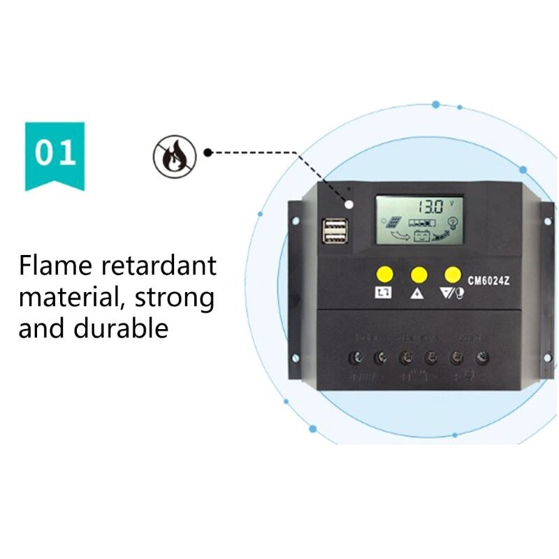 50A 60A Solar Charge Controller 12V 24V for PWM with Auto LCD Battery Charge Panel PV System Solar Controller