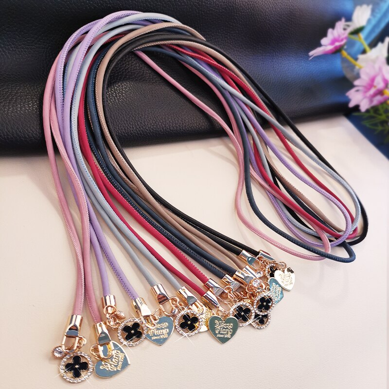 Crossbody Ring Diamant Vier-Leaf Camera Houders Toetsen Lanyard Charm Strap Clover Lederen Lanyard Mobiele Telefoon Lanyard Voor Iphone