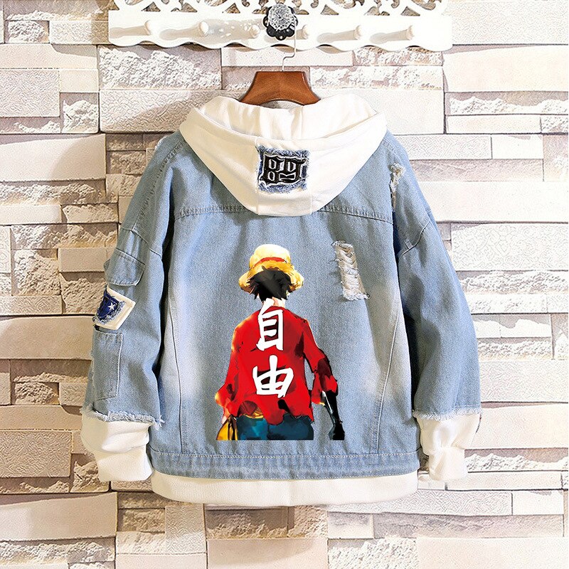 Japanska män och kvinnor långärmad casual jeansjacka parjacka i ett stycke king luffy jeansjacka herrrockar och jackor: 2 / M