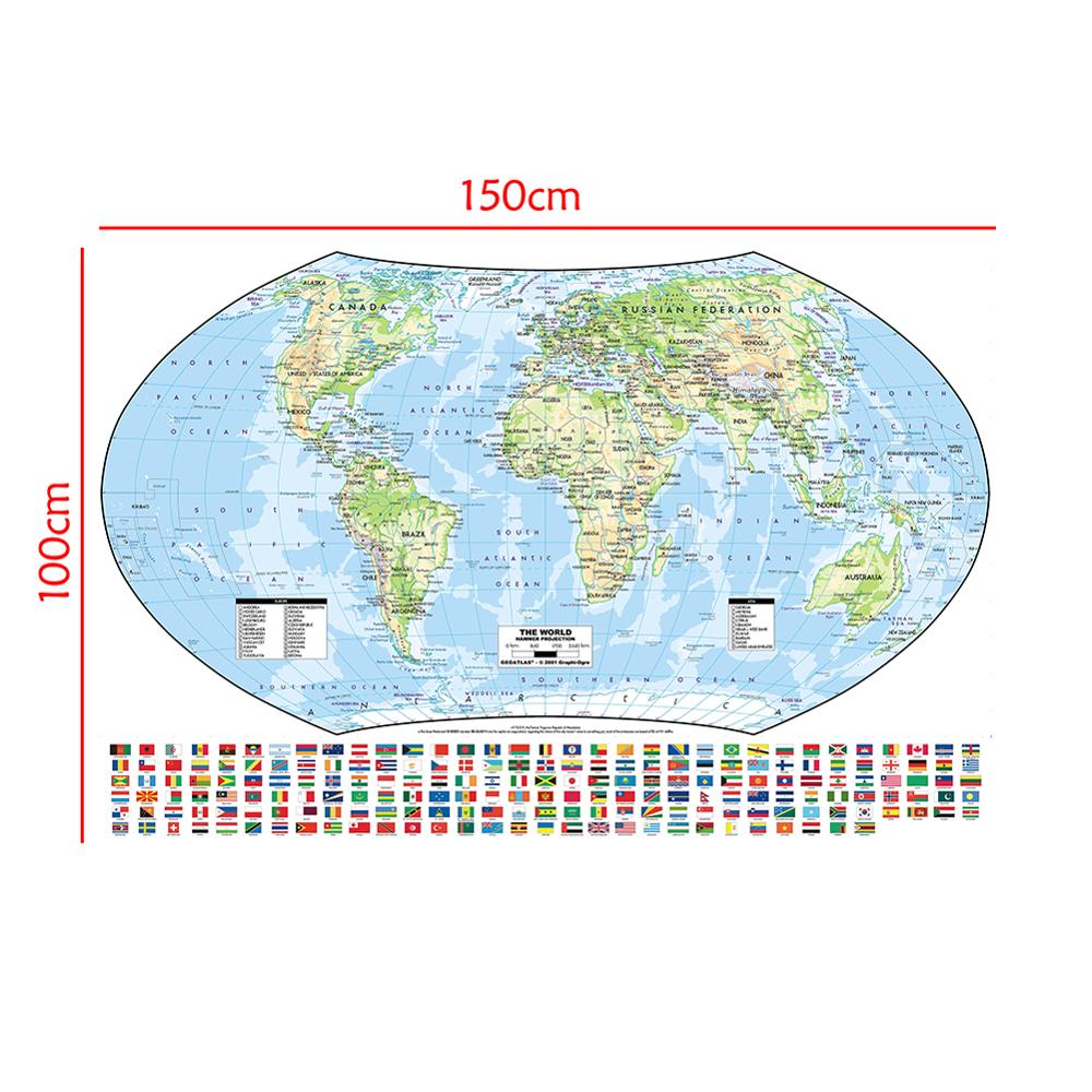 The World Hammer Projection Map With National Flags 150x100cm Non-woven Foldable World Map