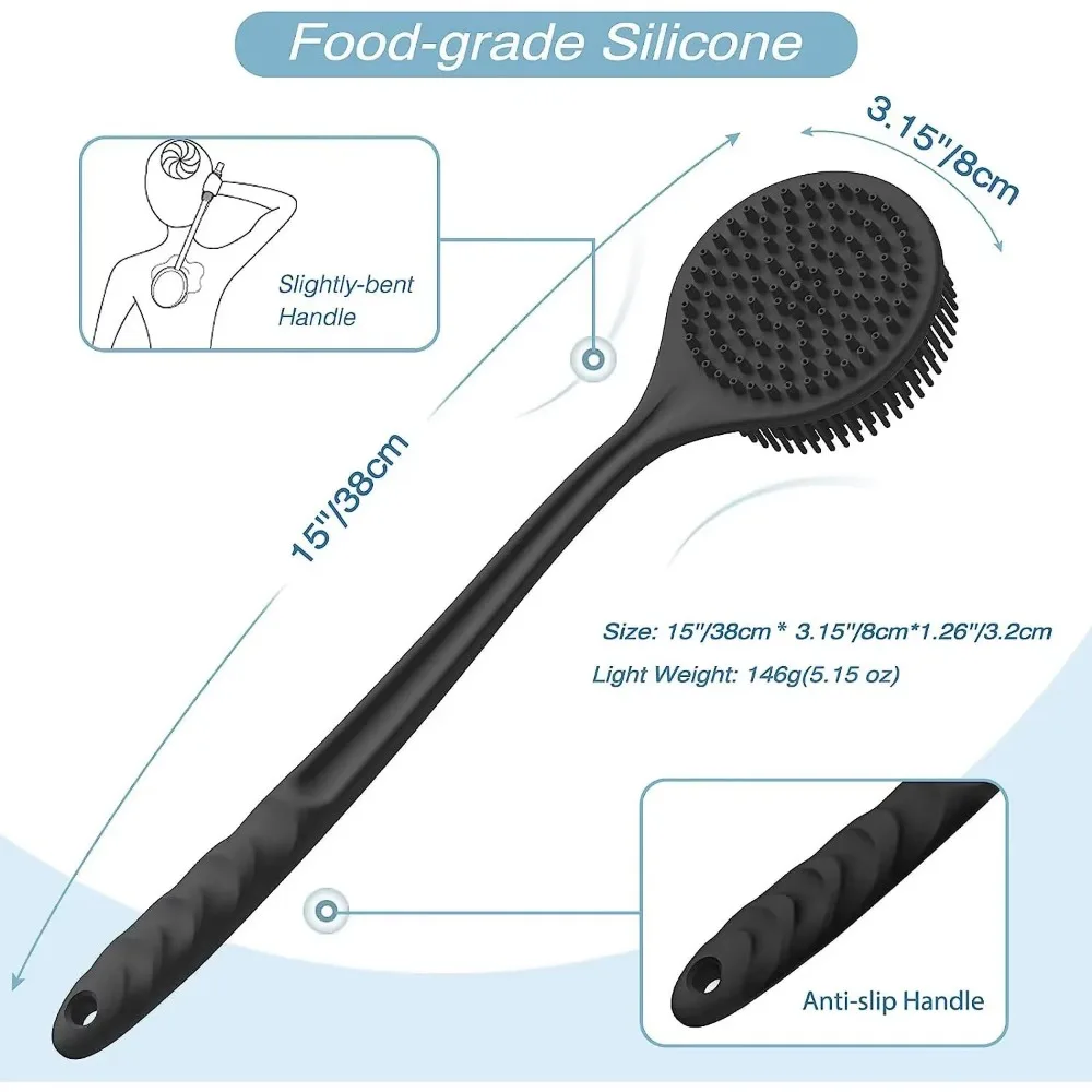 Cepillo limpiador de espalda de silicona suave para baño, esponja de ducha para baño, cepillo para fregar con mango, masajeador de piel exfoliante, lavadora de espalda