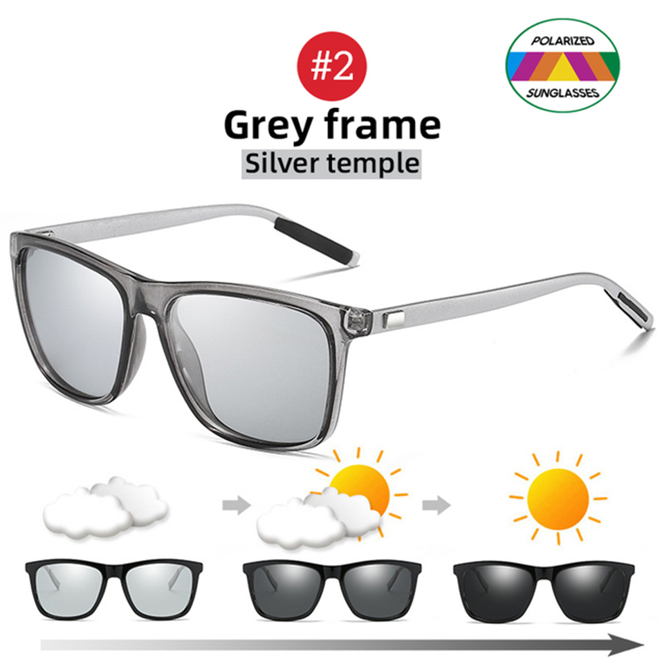 NONOR Color Change Grey Frame Photochromic Polarized Sunglasses Men Square Classic Chameleon Glaases Transition Lens Eyewear: black / Red