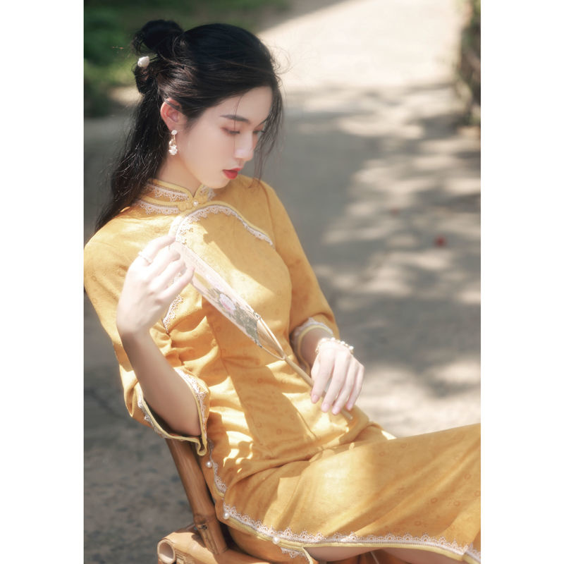 Yellow Modern Slim Qipao Traditional Robe Orientale Chinese Dress Women Ethnic Style Vintage Autumn Simple Cheongsam