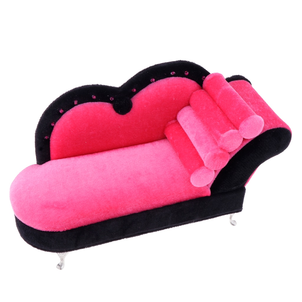 1/6 Scale Dolls House Miniature Chaise Lounge Recliner Long Sofa Furniture Model Decor Pink+Black