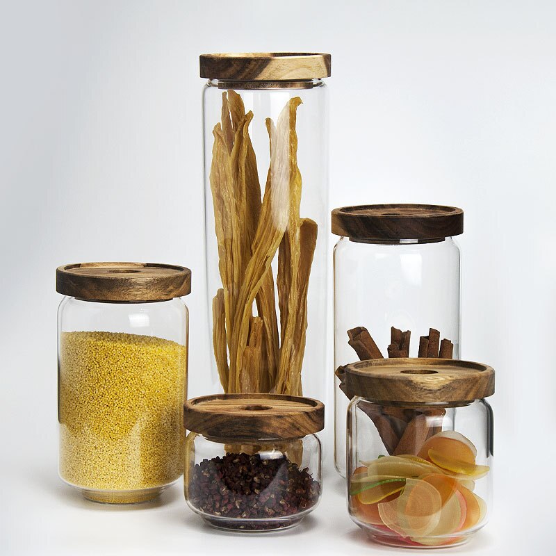 Storage tank Transparent lid glass sealed jar acacia wood lid glass storage tank vacuum candy food storage container