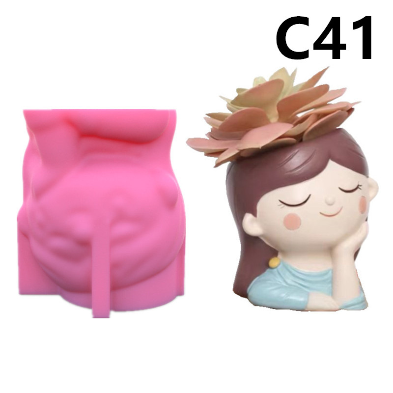 Sweet Girls Clay Flowerpot Silicone Mold Art Sculpture Flower Pot Concrete Cement Resin Molds Pen Storage Box Making Mould: C41