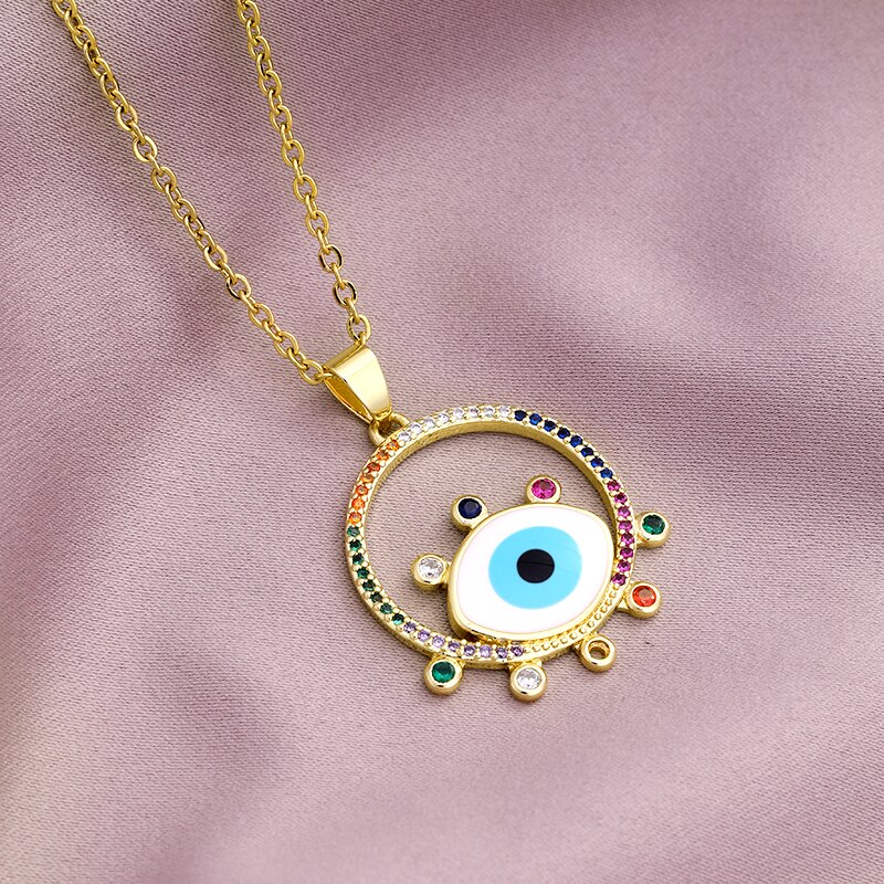 Evil Eye Pendant Necklaces Stianless Steel Chain Gold Color Turkish Girls Women Blue Devil Eye Jewelry: Round White / 50cm