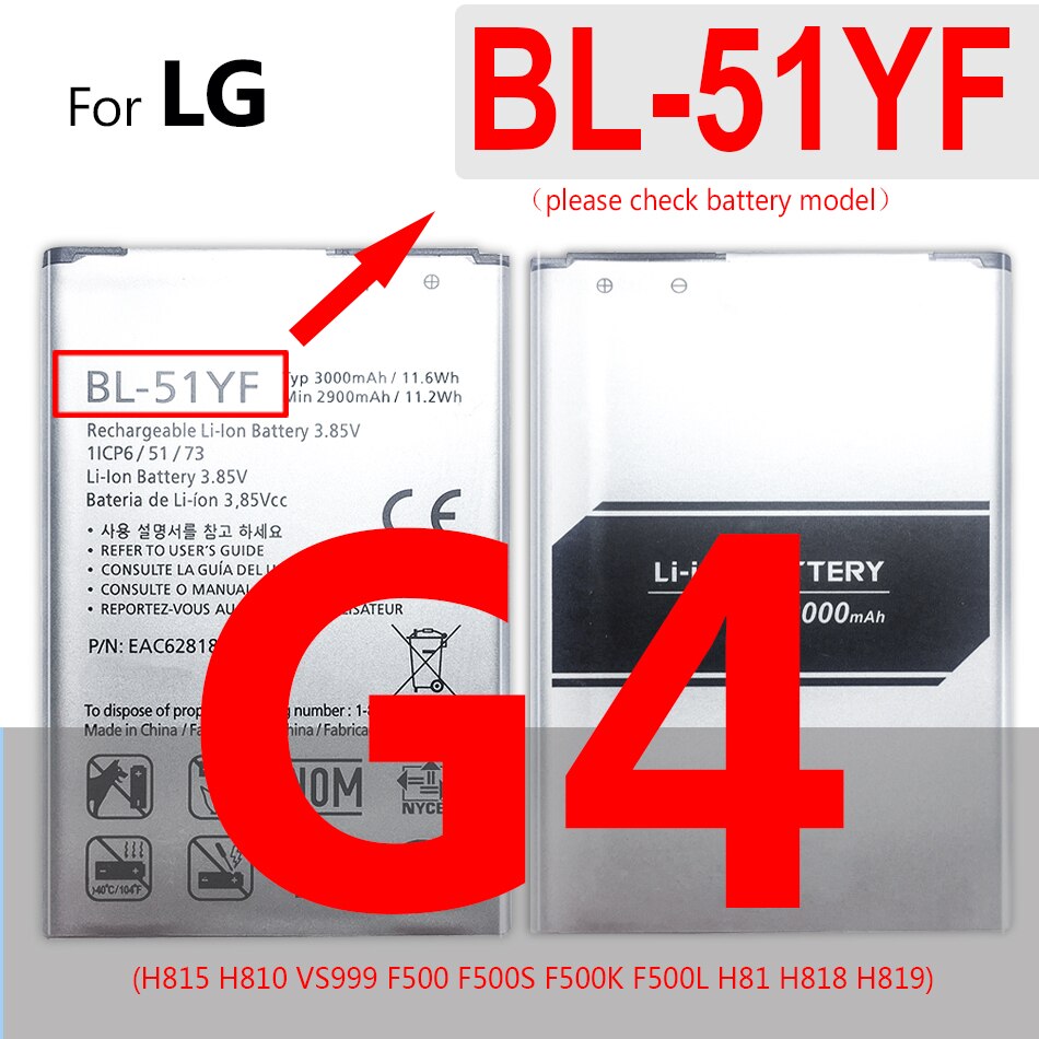 Bateria BL-42D1F para lg g5 g6 g7 g8 thinq/g2 g3 g4 mini g3s g3c g4s g4c h850 h820 h820 h831 h8468 h860 h860 ls992 us992: BL-51YF