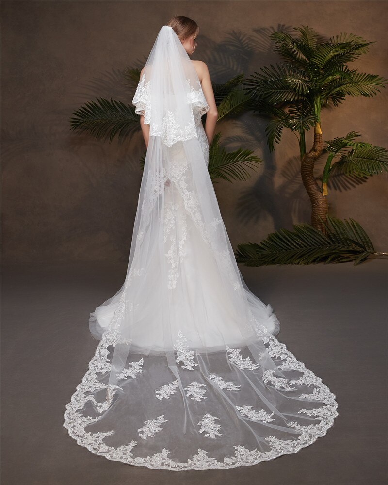 Layer 2 Lace Edge 3M Kathedraal Bruiloft Sluier Met Kam Voor Bruid Bridal Veils Accessoires Voorhang Velos De Novia