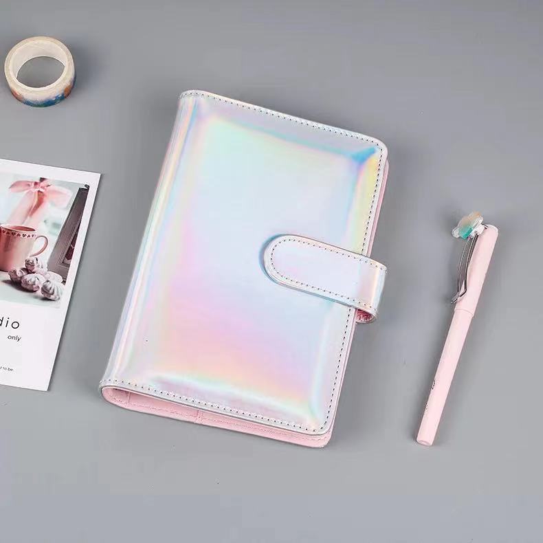 A6 Leather Notebook Binder with Plastic Binder Pockets, Refillable 6 Round Ring A6 Personal Planner Binder Cover with Stickers: silver