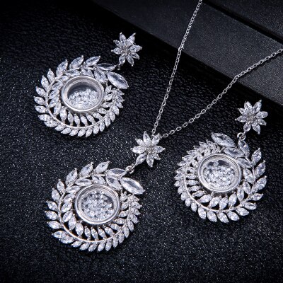 Collar de circonia cúbica + pendiente + brazalete para mujer, conjunto de joyería de boda, rama de olivo, Semi-sector, de , D1383: Platinum 2pcs set