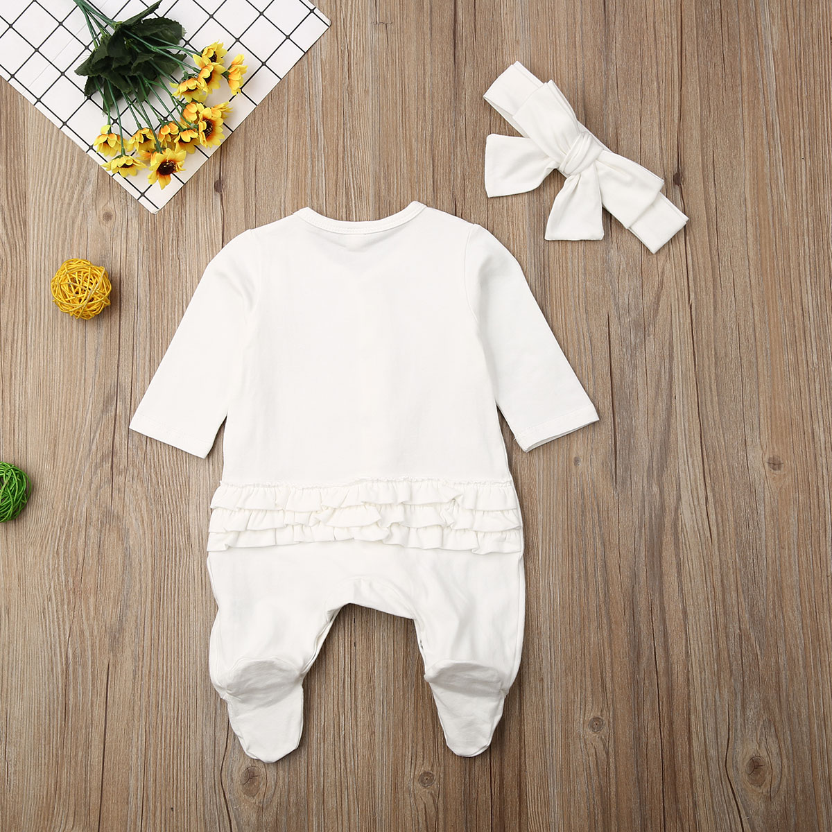 0-12m nyfødte baby dreng pige langærmet flæser ensfarvet bomuld fodfod pandebånd 2 stk nattøj baby tøj