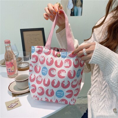 Original Korean Canvas Lunch Bag Lunch Box Hand Bag Cotton Linen Cloth Handbag Small Compact Large Capacity Mommy Bag: pinkbear