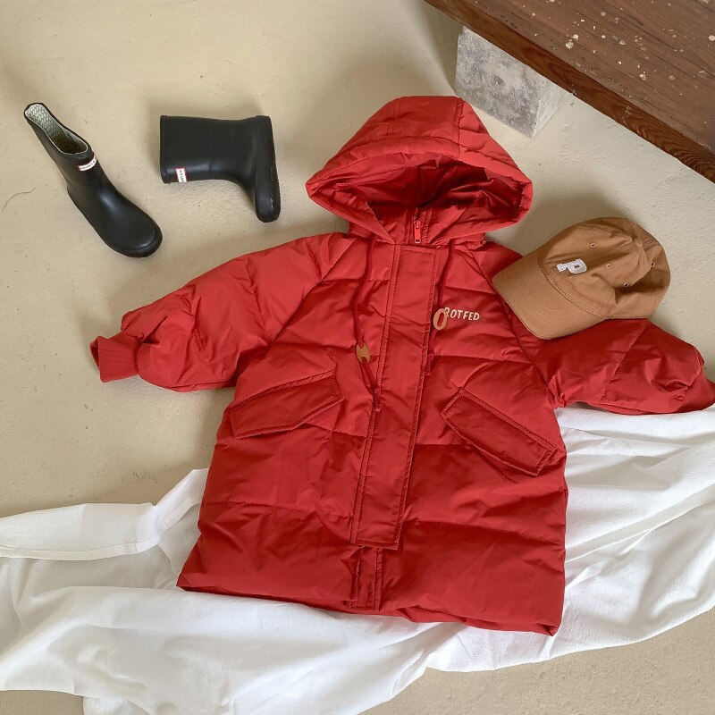 Verdikte Kinderen Lange Donsjack Kleding Warm Hooded Down Jas Winter Kleding Voor Jongens: Red / 7T(140-150cm)