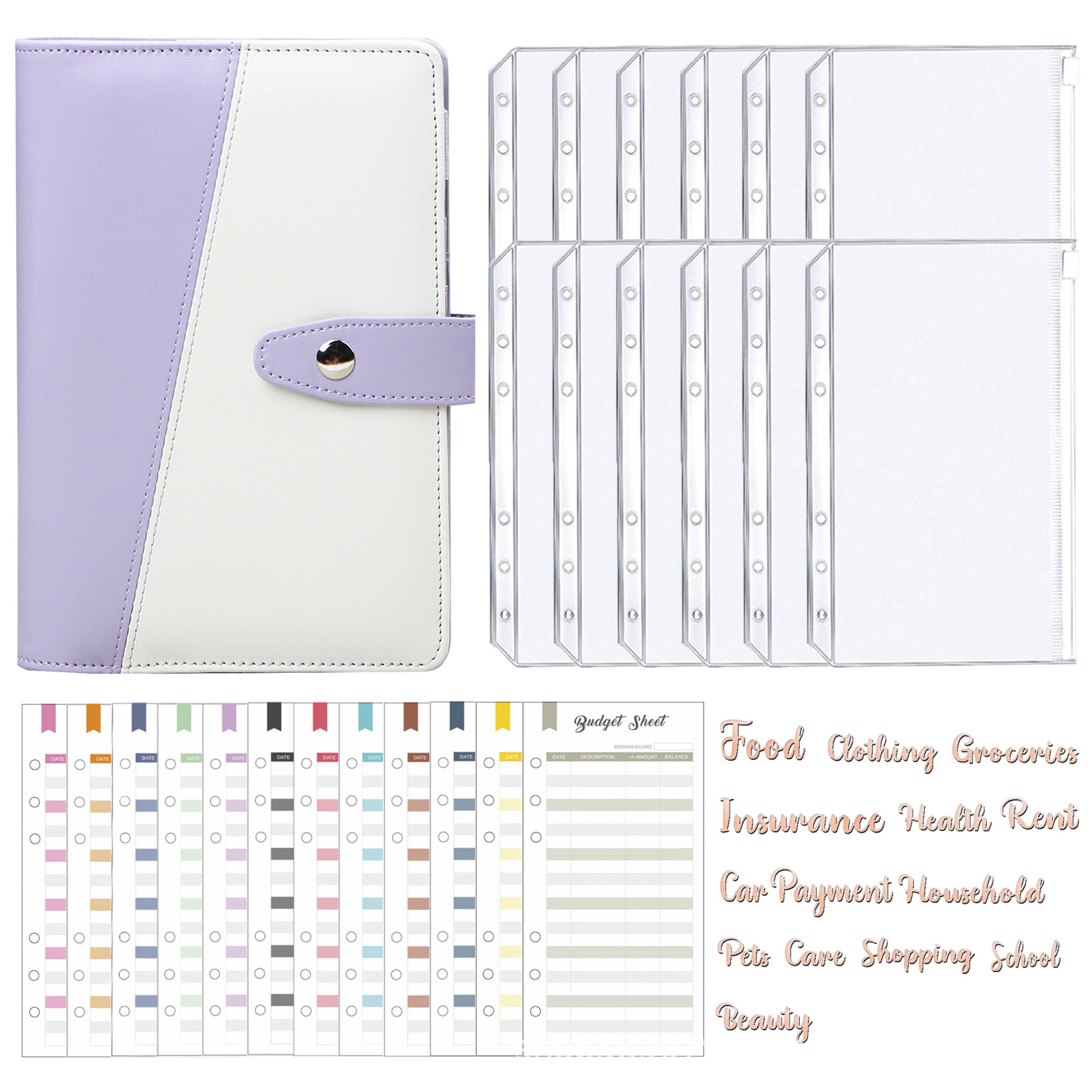 Organiseur de carnet de notes A6, classeur avec pochettes, feuilles de Budget de frais et étiquette autocollante pour planificateur de billets: A6-Purple