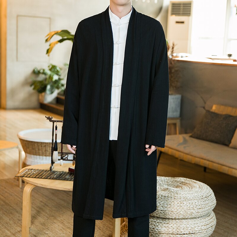 Abrigo largo sin botones para hombre, chaqueta de lino de talla grande, vestido tradicional chino, bata taoísta, ropa de primavera y otoño, 2022