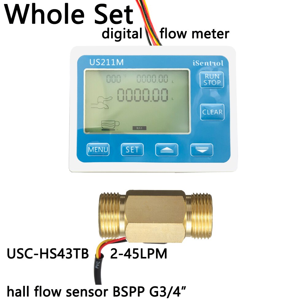US211M Digital Flow Meter Totalizer with Brass Flow Sensor USC-HS43TB G3/4" Hall Flow Sensor 2-45LPM iSentrol Saier Sesnor China