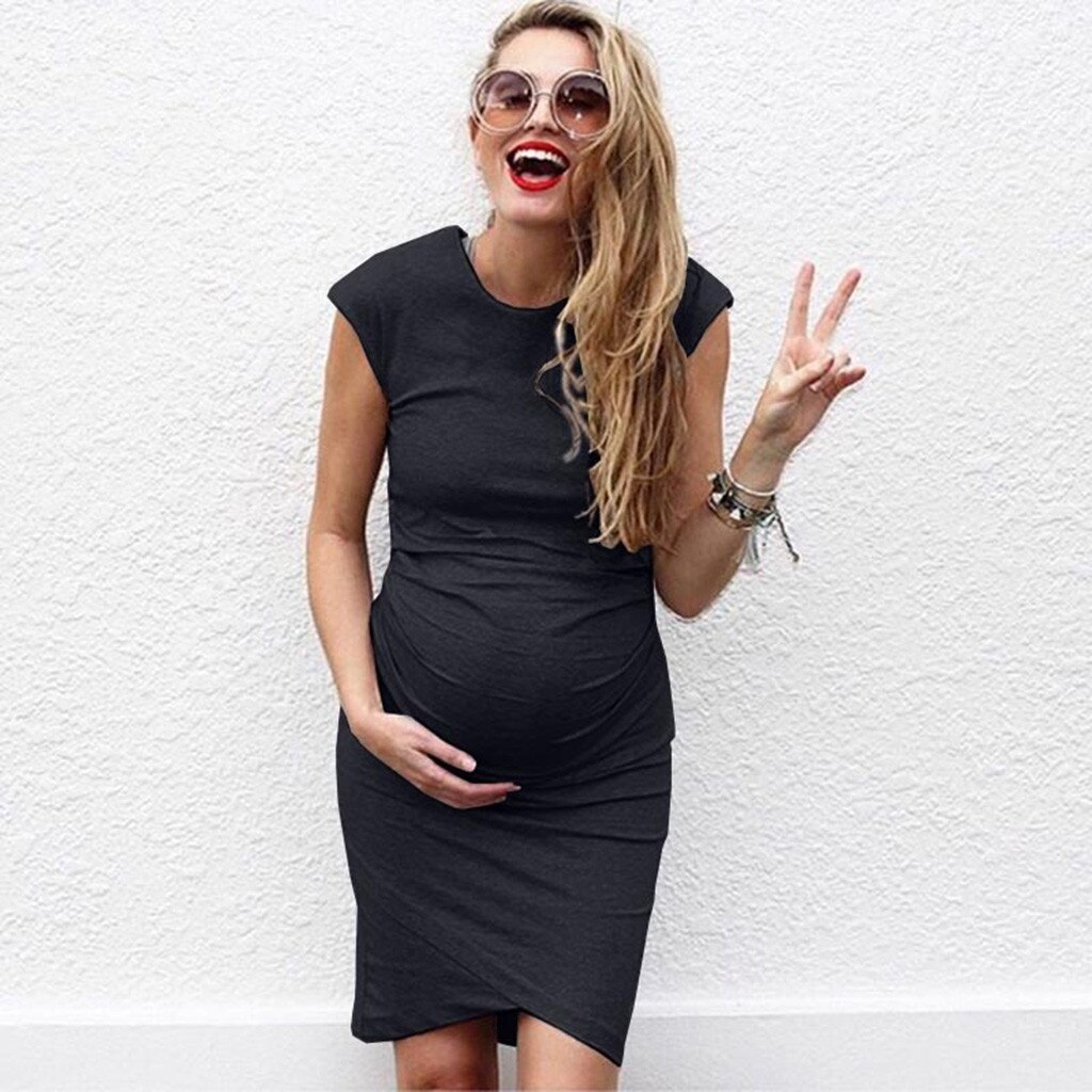 Maternity Dresses For Photo Shoot Sleeveless Dresses Cartoon Printed Cute Solid Pregnancy Dresses Comfy Pregnant Women Clothes: Black / XXL