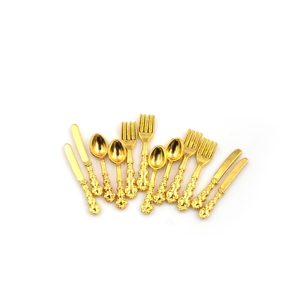 12 stk gaffelkniv suppeske 1:12 dukkehus miniature tilbehør bordservice simulering køkken mad møbler legetøj: Guld