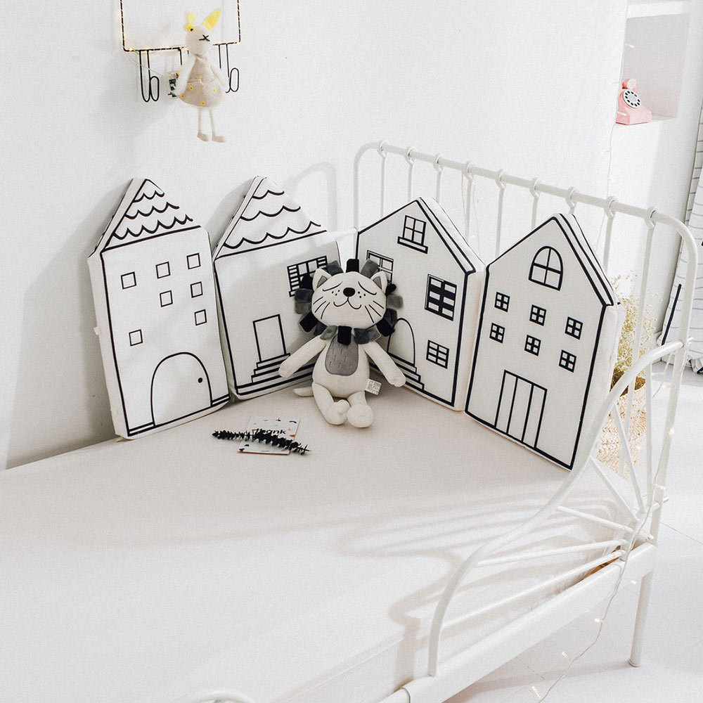 4Pcs Baby Bed Bumper Nordic INS Little House Pattern Baby Cribs Protector Infant Cotton Cradle Bumpers Baby Bed Room Decoration: PJ3359W