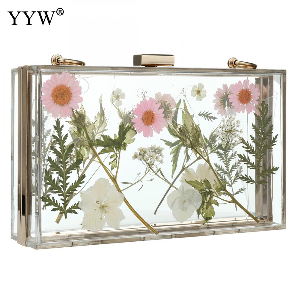 Acrylic Transparent Floral Evening Clutch Wedding Bridal Cute Wallet Women Tote Pack Clear Hard Box Metal Chain Shoulder Bags: pink