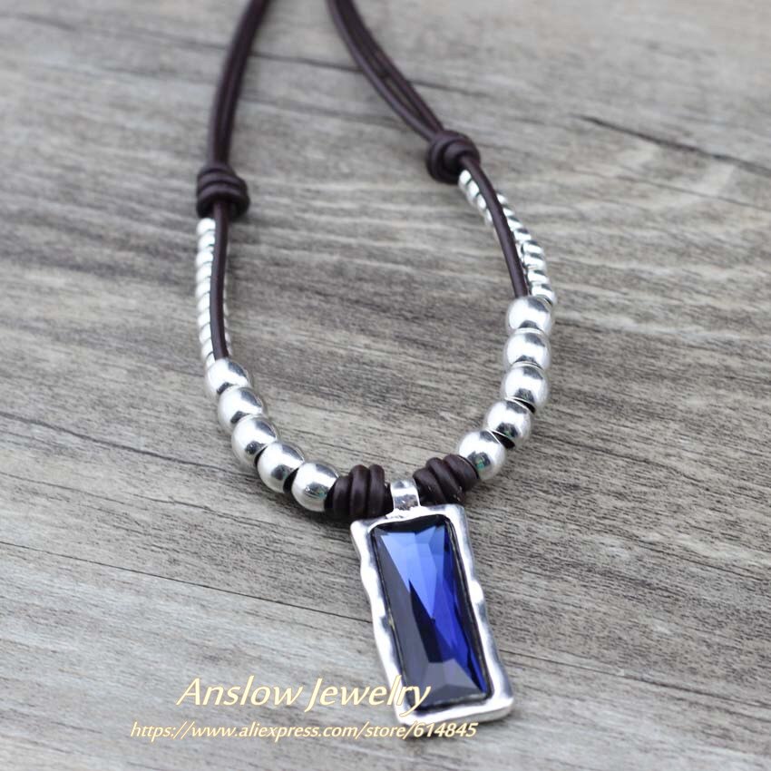Anslow Mode-sieraden Retro Handgemaakte Diy Zilveren Kralen Lederen Kraag Choker Ketting Voor Vrouwen Lady Vriendschap LOW0082AN