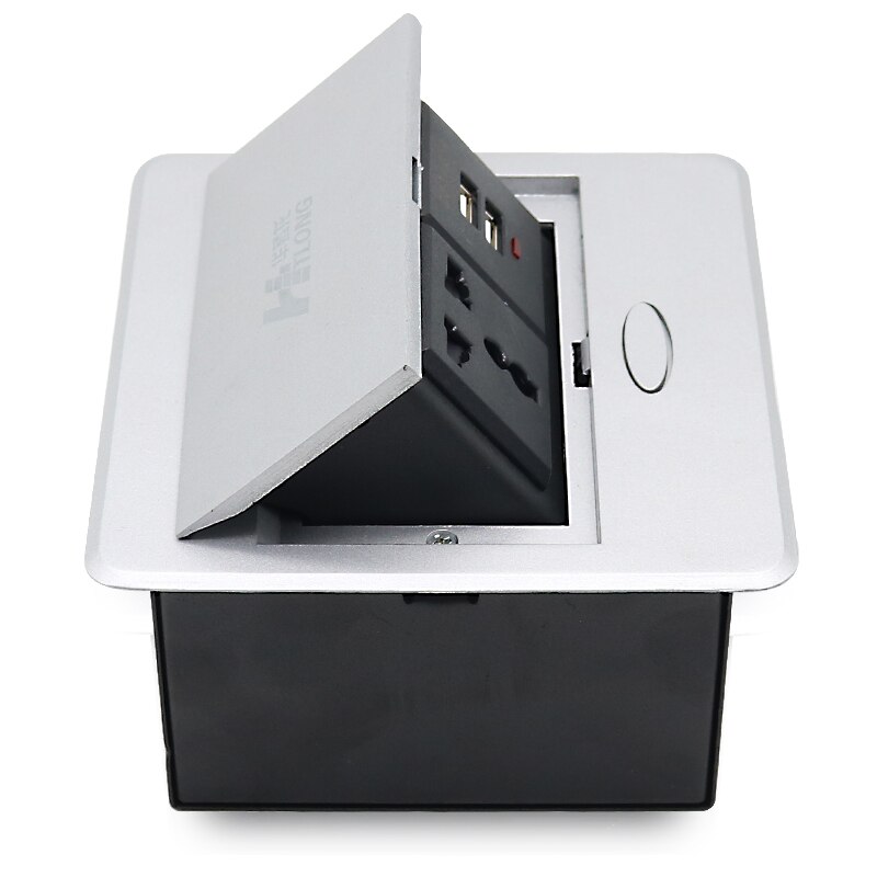 COSWALL Zinc Alloy Plate 16A Slow POP UP 2 Power EU Socket Dual USB Charge Port 2.1A Office Table Desktop Outlet Black Steel Box