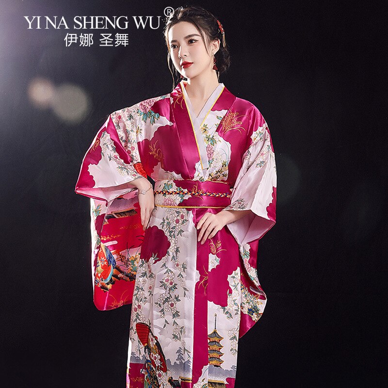 Kimono japonés Sexy para mujer, traje de Cosplay tradicional, de satén Floral, talla única, Yukata con Obi, novedad