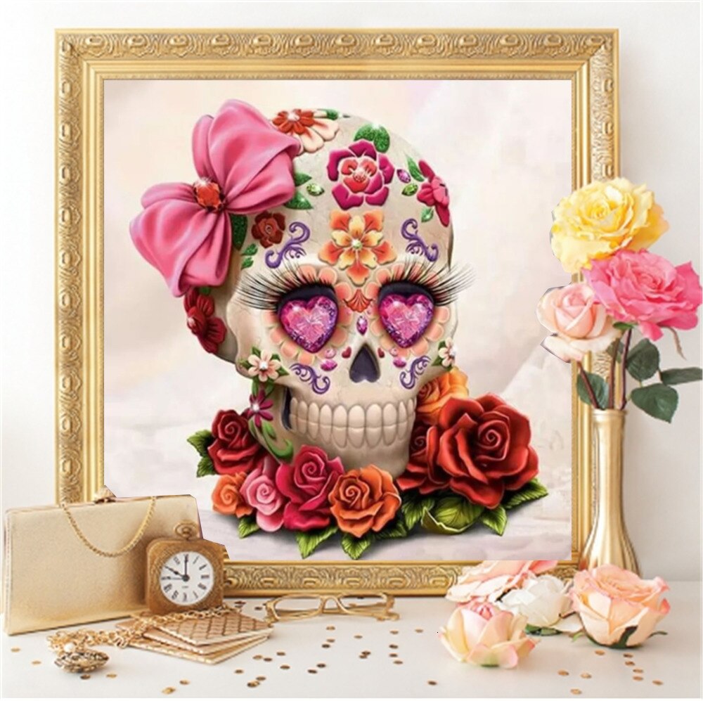 Cuadro de diamantes con de flor de punto de cruz de Huacan, cuadro completo de diamantes de imitación, bordado de Calavera, mosaico para manualidades de decoración