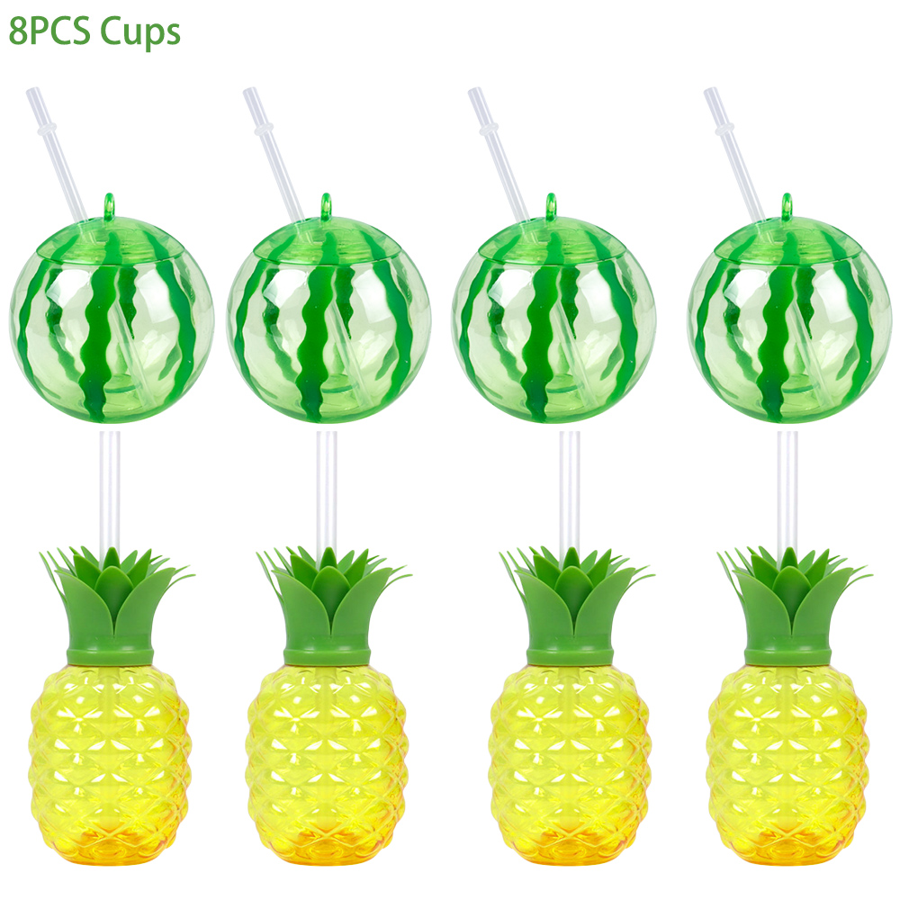 Tasse à boire en plastique en forme d'ananas/fraise/pastèque avec paille, décor hawaïen, fournitures de fête d'été sur la plage et la piscine, 6/8 pièces: jaune clair