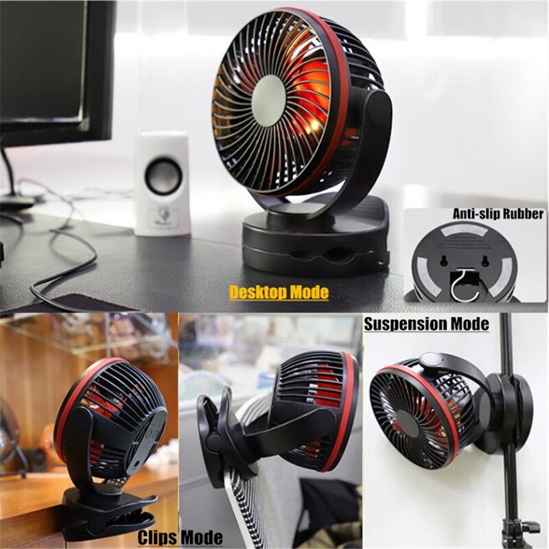 7 " krachtige wind-usb-ventilator, ,3600 mah oplaadbare batterij, 4- snelheidsaanpassingen met verlichting, 360 rotatiehaken, clips en bureauventilator
