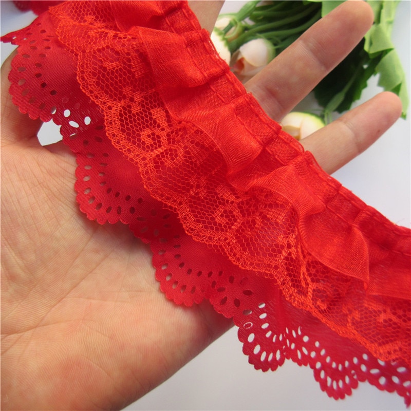 5 yards rött 3- lager veckat organza spetsband rynkade nättyg handgjorda bröllopsklänningar med spetskant sömnad 6.5cm