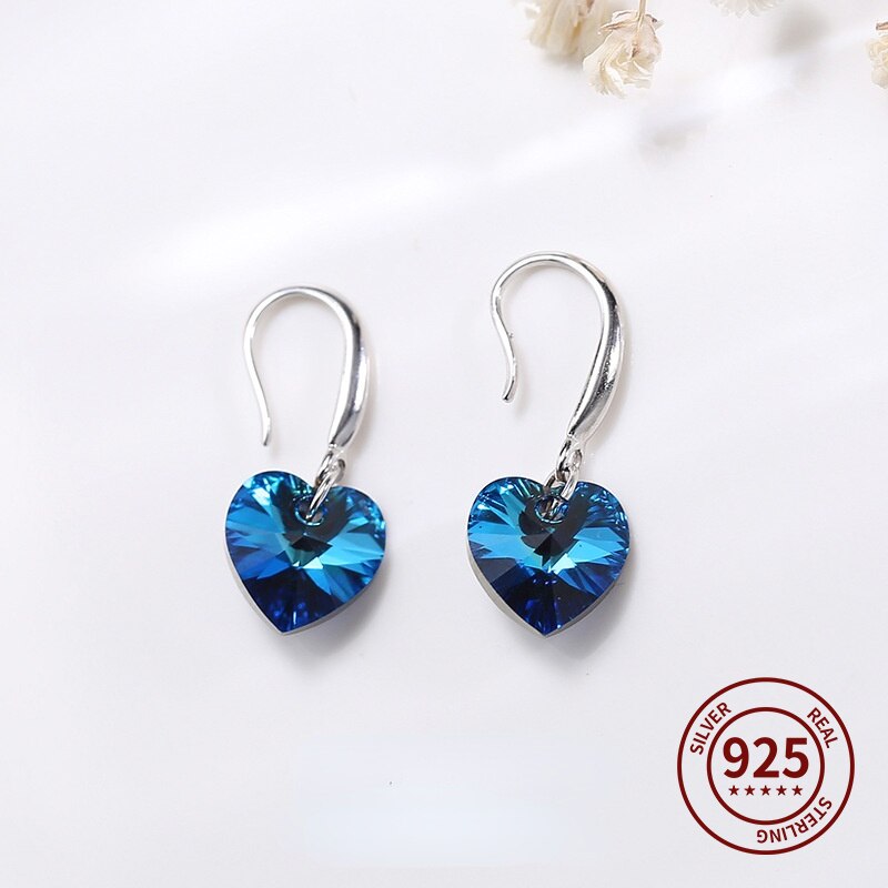 Gancho para la oreja con forma de corazón, pendientes de plata de ley S925 para mujer, aretes de circonita de cristal azul, Pendientes colgantes, de