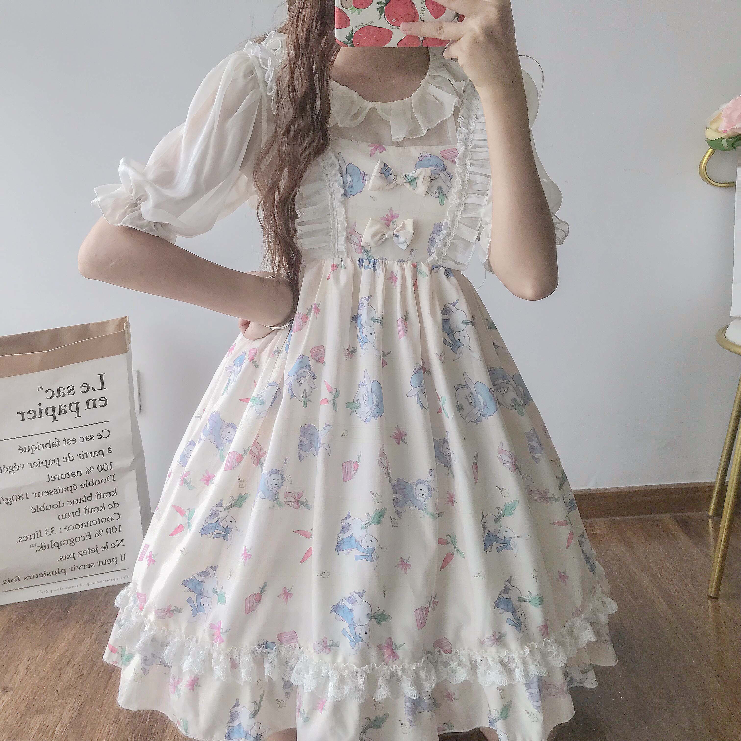 Kawaii Japanse Lolita jurk Zachte Zus Jurk Schattige Konijntje Print Lolita Meisje Sling Jurk